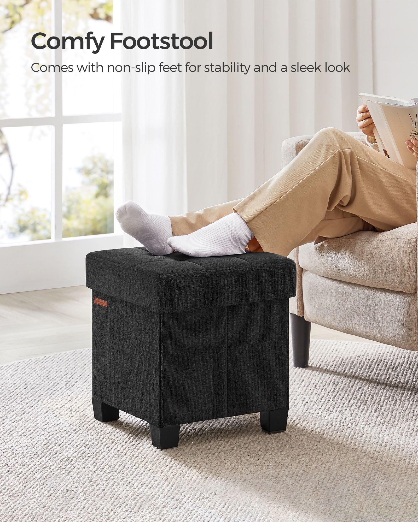 Foldable Storage Ottoman - Weight Capacity 300 kg - Fabric - Ink Black
