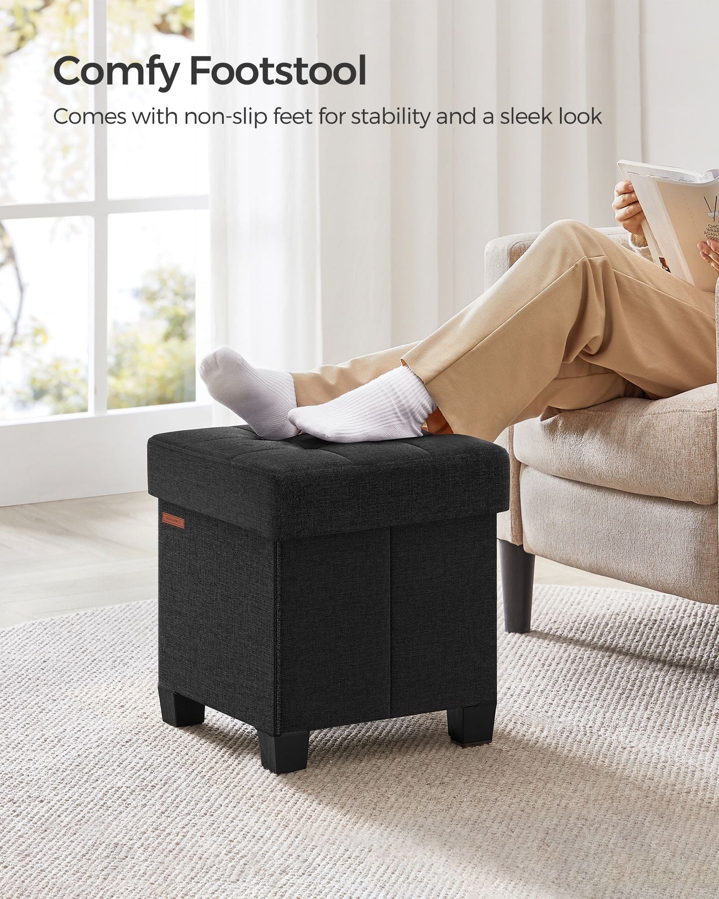 Foldable Storage Ottoman - Weight Capacity 300 kg - Fabric - Ink Black