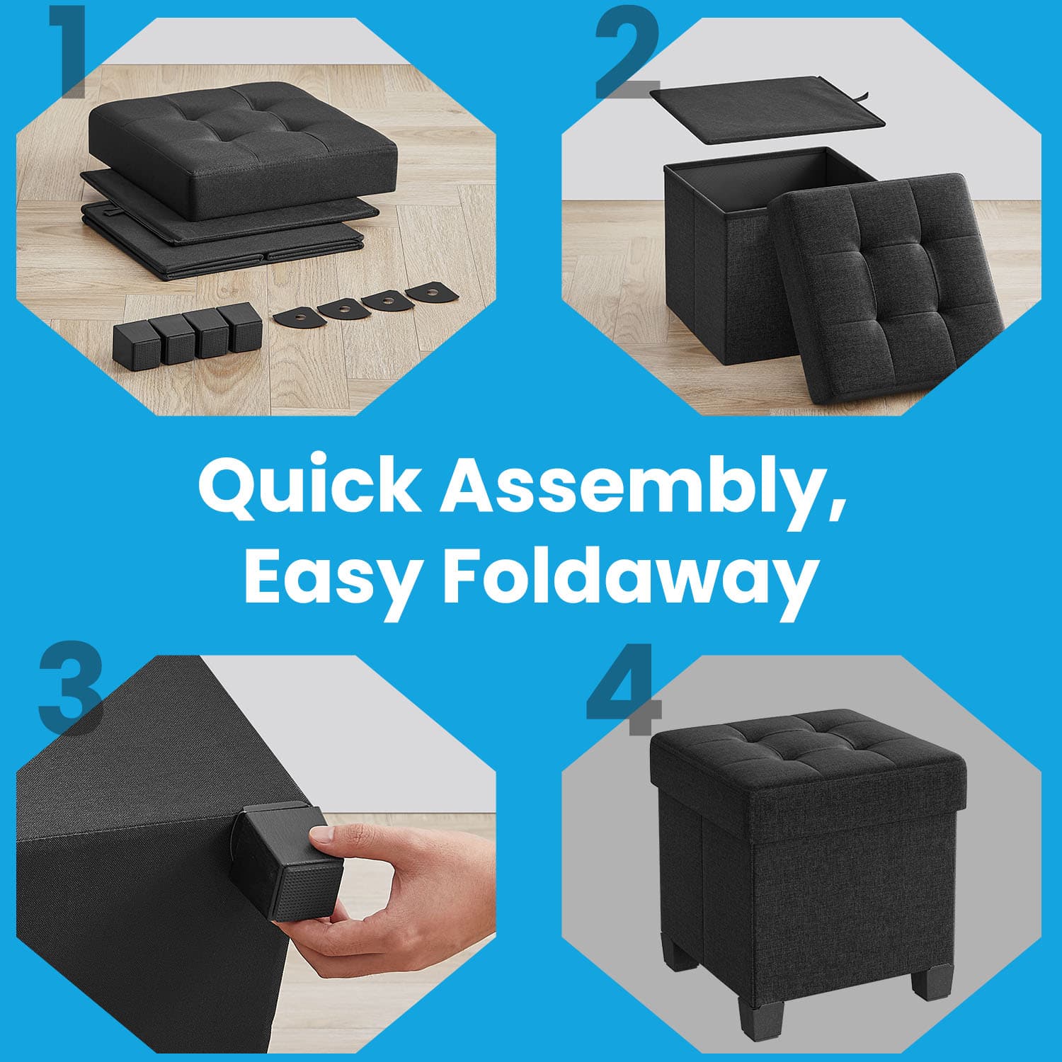 Storage Ottoman - Fabric - Ink Black - Foldable with Storage