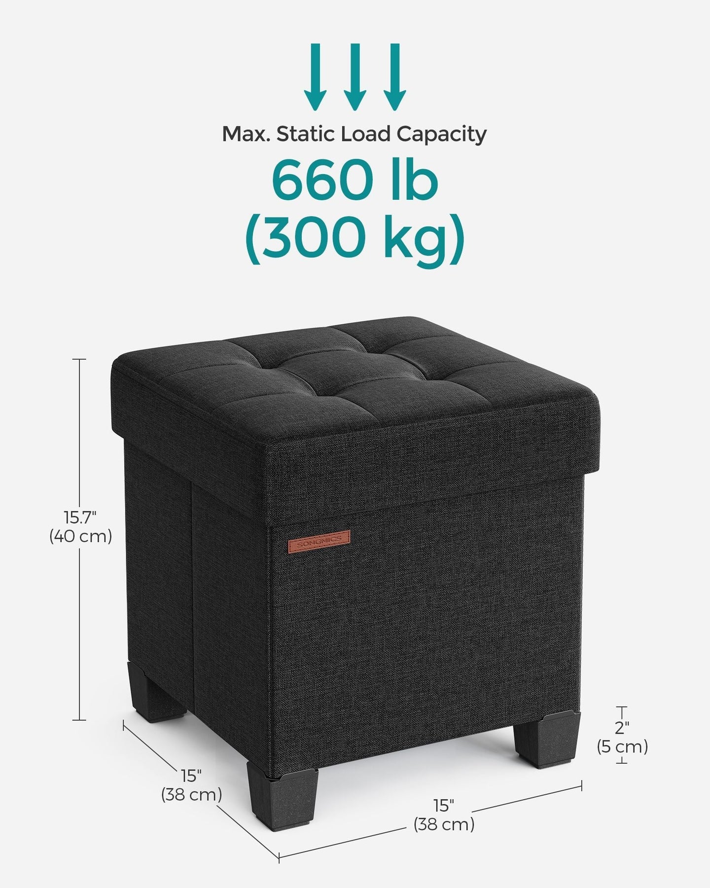 Foldable Storage Ottoman - Weight Capacity 300 kg - Fabric - Ink Black
