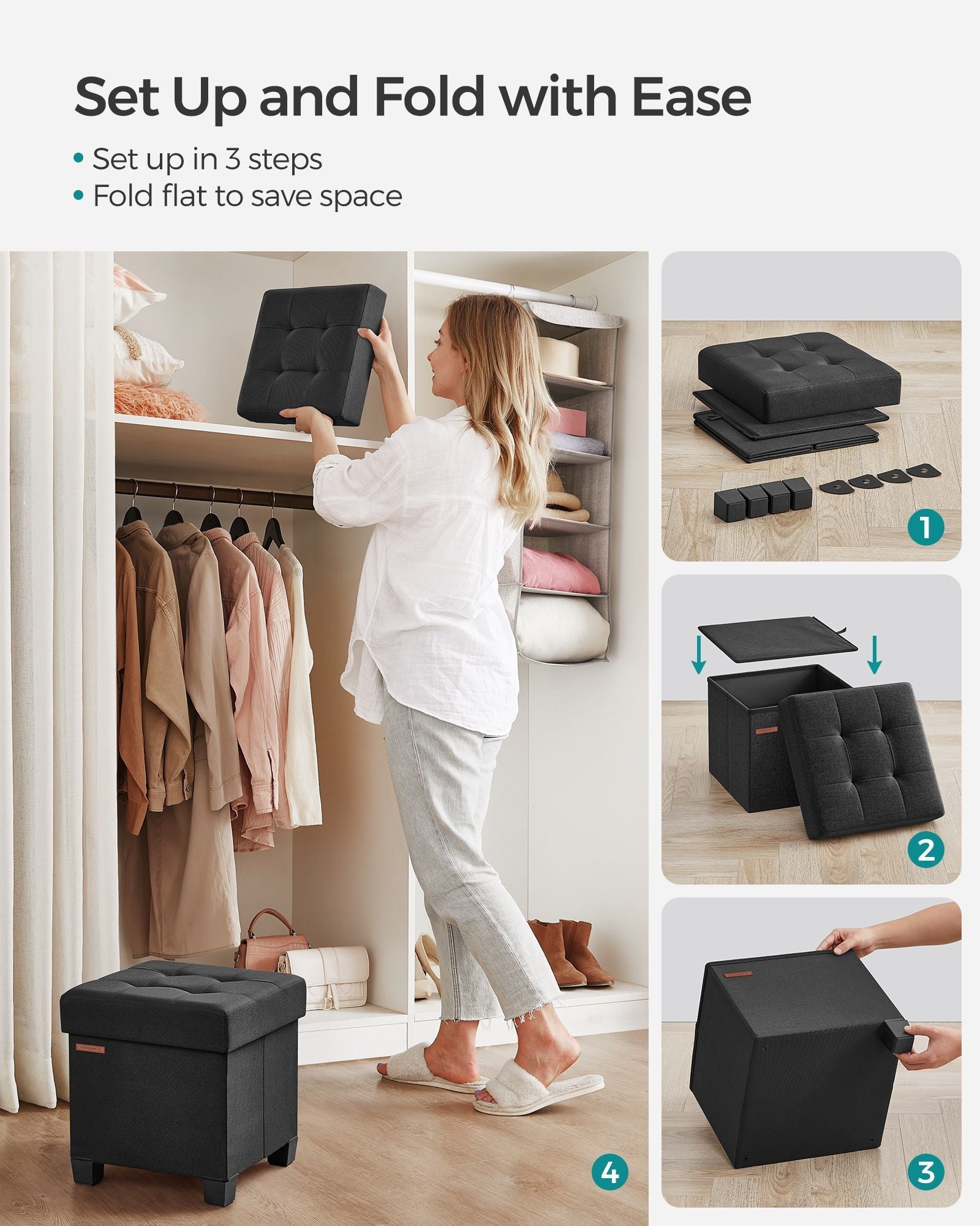 Foldable Storage Ottoman - Weight Capacity 300 kg - Fabric - Ink Black