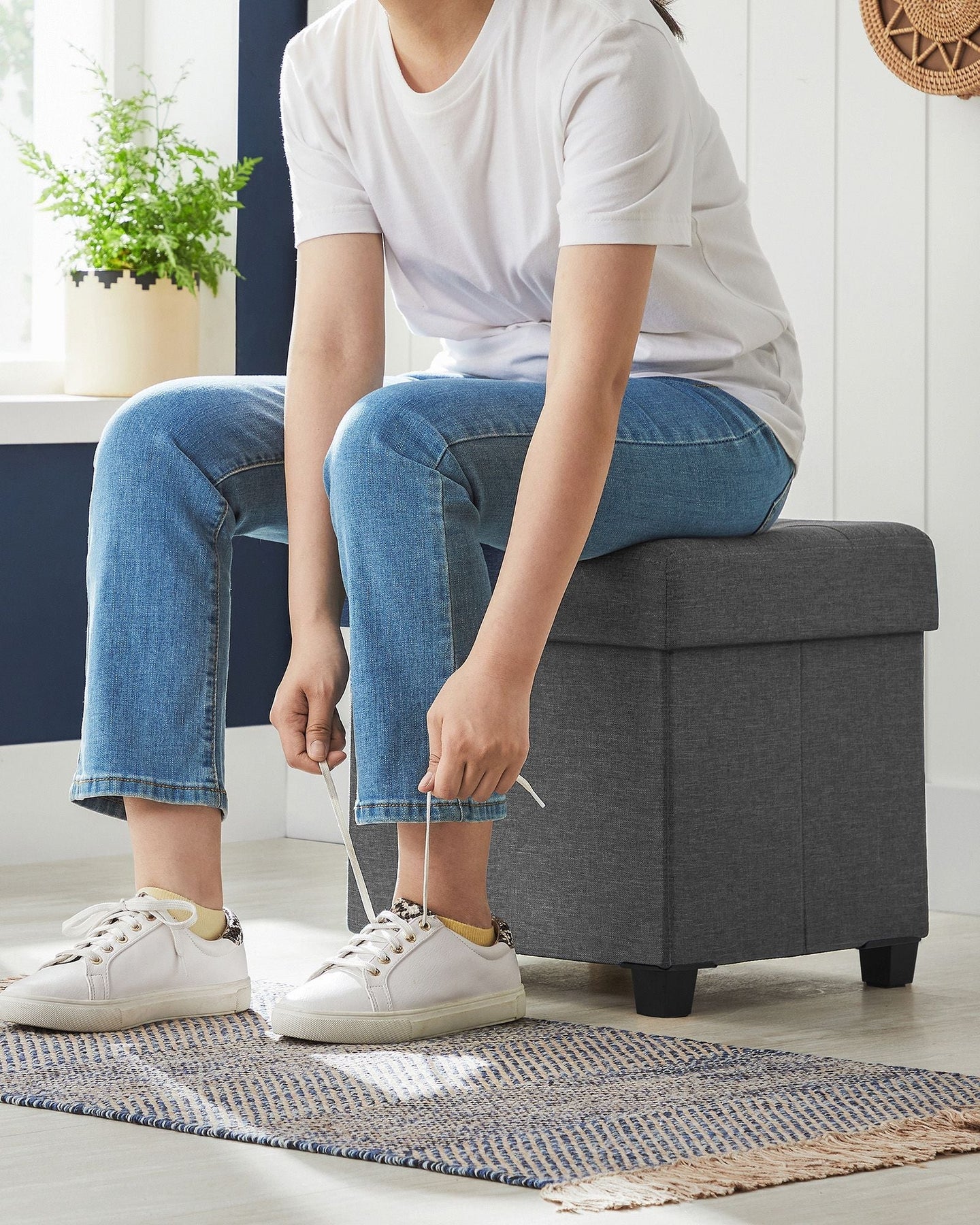 Foldable Storage Ottoman - 38 x 38 cm - Fabric - Dark Grey - Multi-functional Foot Stool with Storage