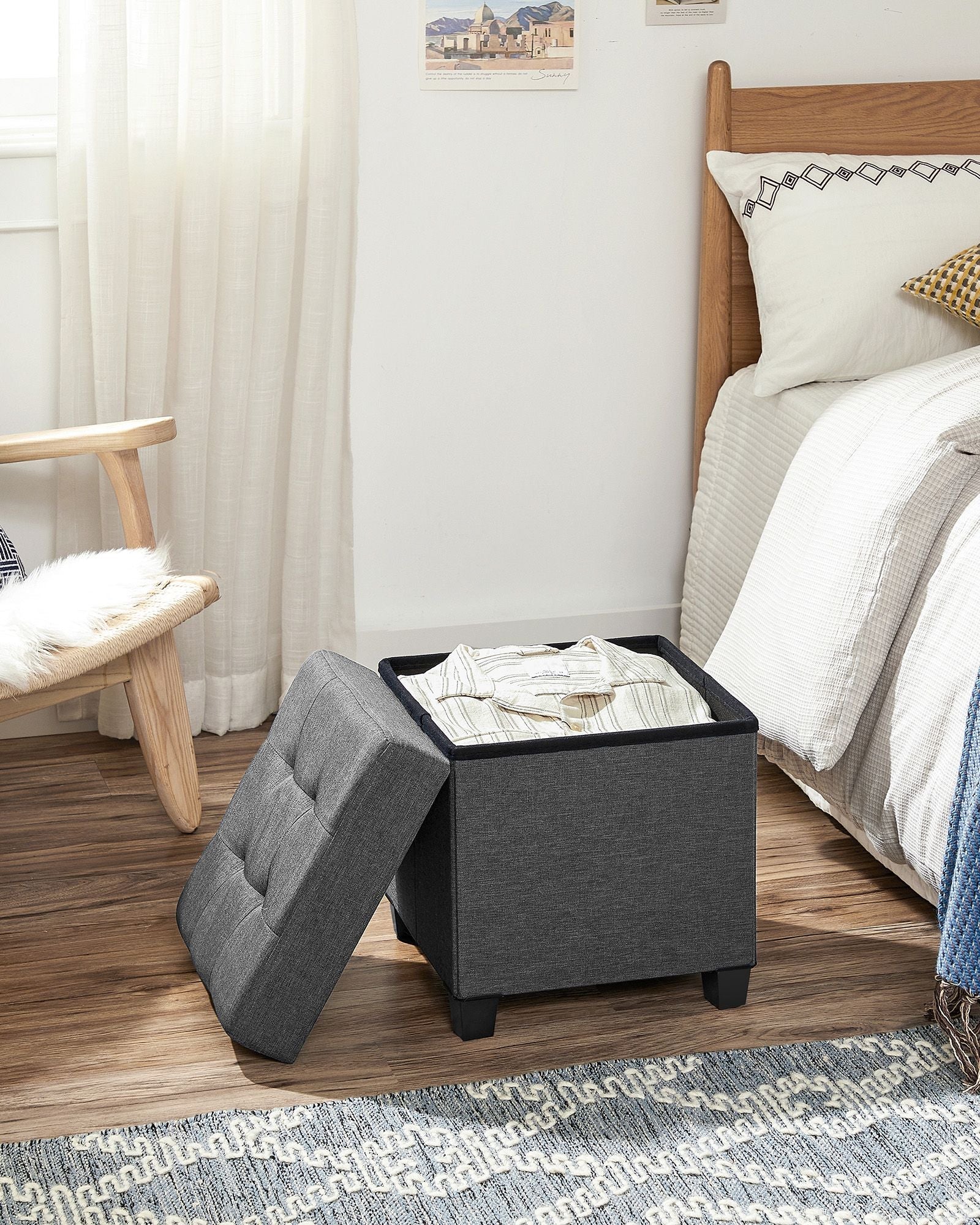 Foldable Storage Ottoman - 38 x 38 cm - Fabric - Dark Grey - Multi-functional Foot Stool with Storage