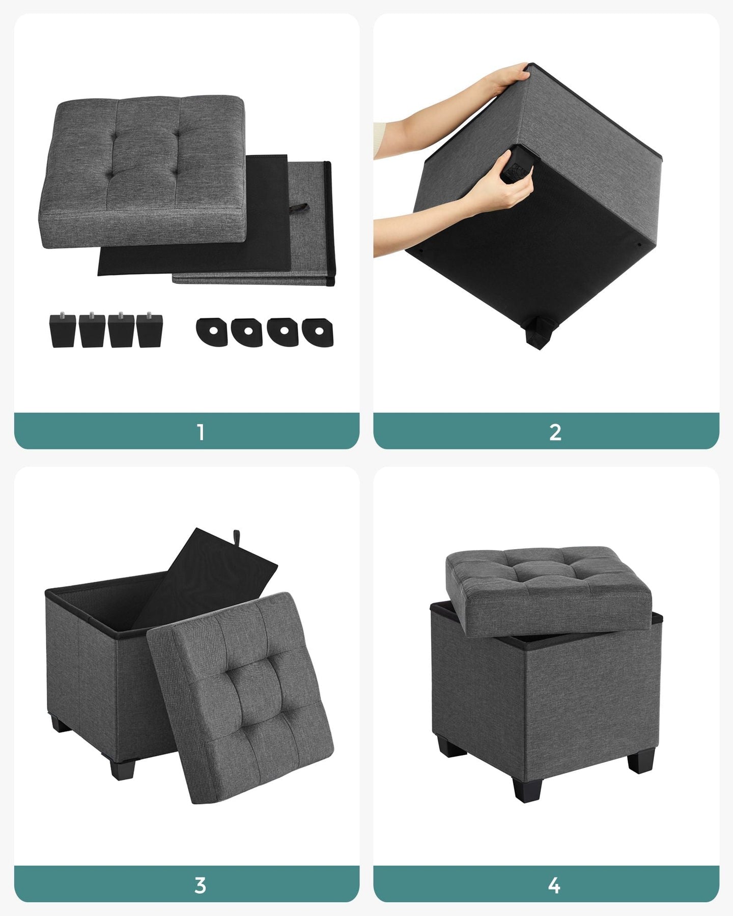 Foldable Storage Ottoman - 38 x 38 cm - Fabric - Dark Grey - Multi-functional Foot Stool with Storage