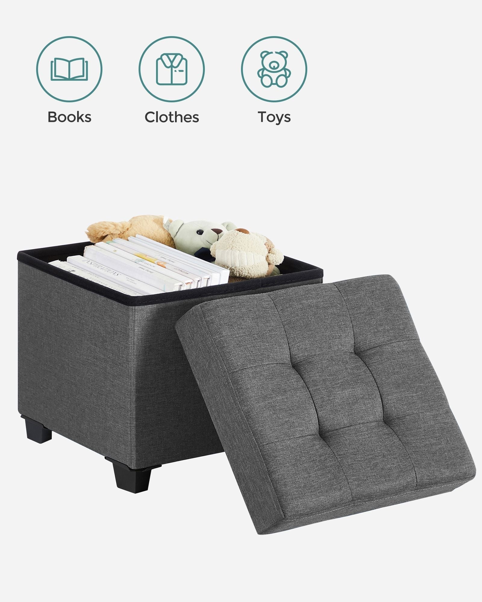Foldable Storage Ottoman - 38 x 38 cm - Fabric - Dark Grey - Multi-functional Foot Stool with Storage