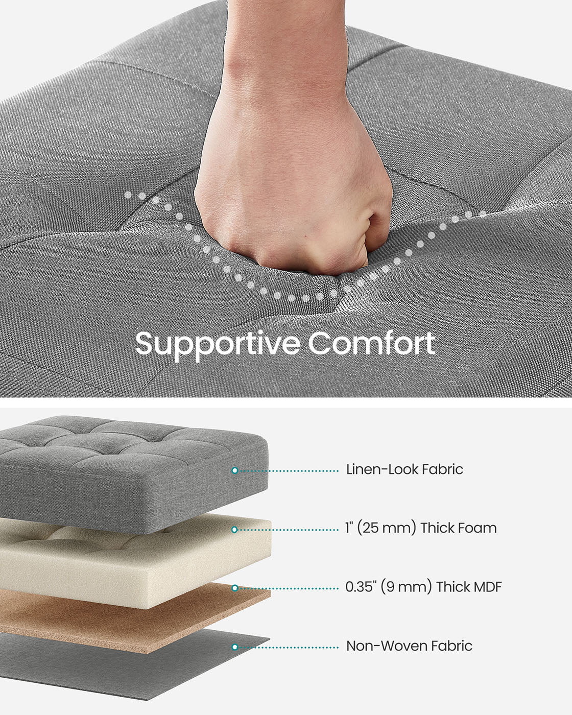 Foldable Storage Ottoman - Fabric - Dove Grey - Compact Foot Rest with High Load Capacity