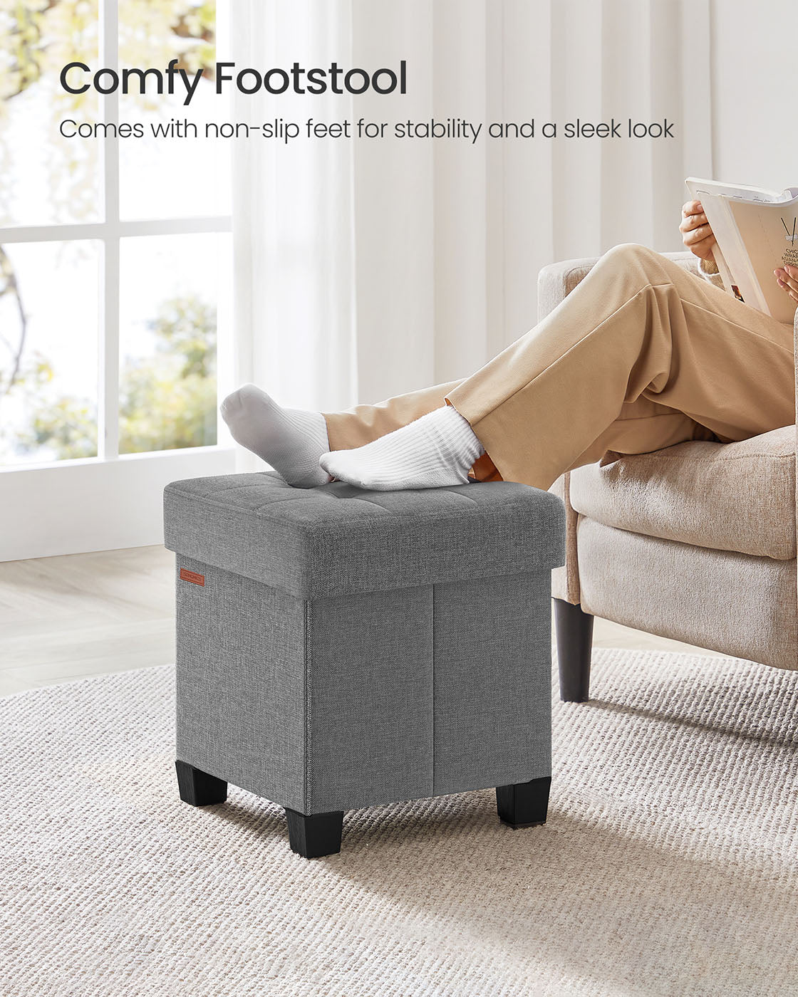 Foldable Storage Ottoman - Fabric - Dove Grey - Compact Foot Rest with High Load Capacity