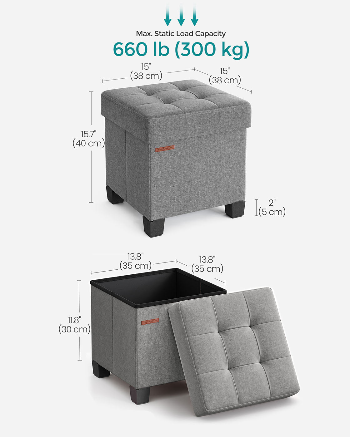 Foldable Storage Ottoman - Fabric - Dove Grey - Compact Foot Rest with High Load Capacity