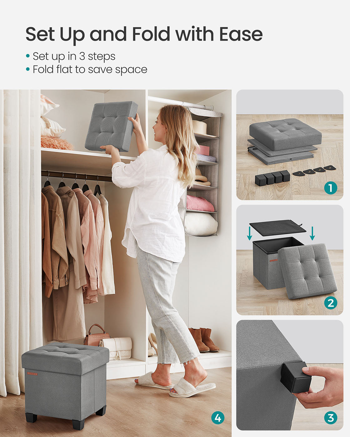 Foldable Storage Ottoman - Fabric - Dove Grey - Compact Foot Rest with High Load Capacity
