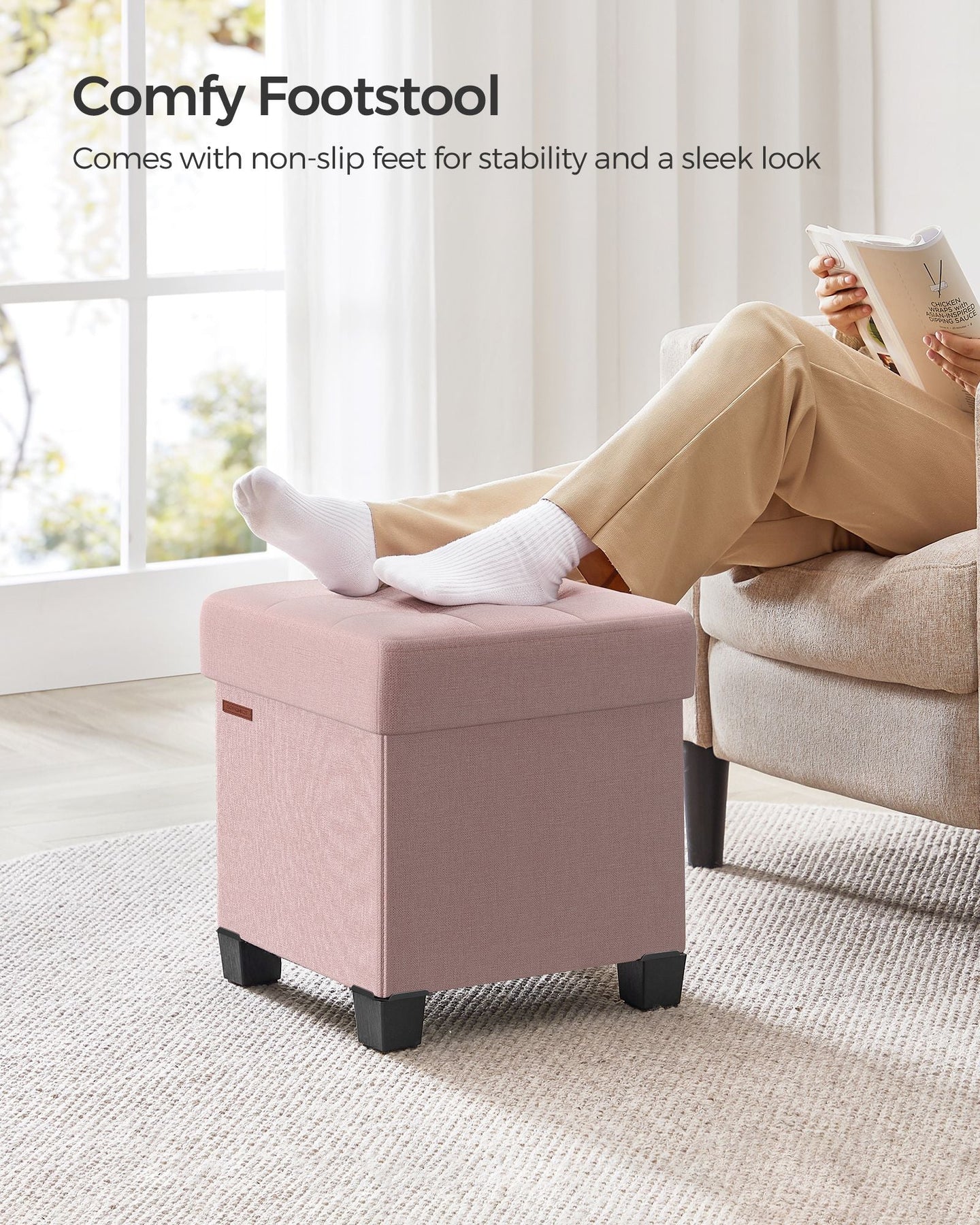 Foldable Storage Ottoman - Weight Capacity 300 kg - Fabric - Jelly Pink