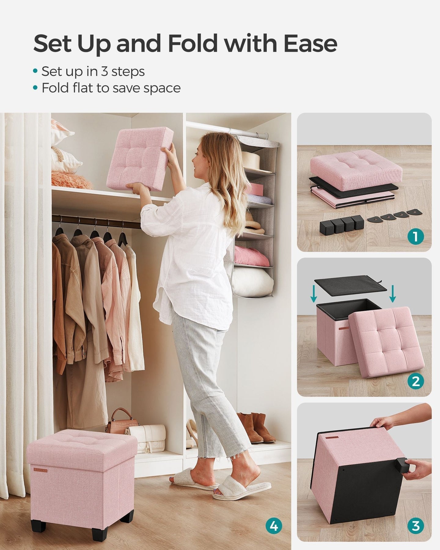 Foldable Storage Ottoman - Weight Capacity 300 kg - Fabric - Jelly Pink