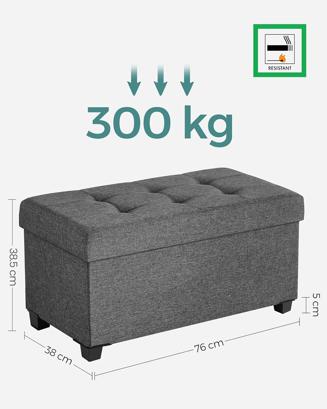 Storage Ottoman - Padded Fabric - Dark Grey - Foldable with Solid Wood Feet