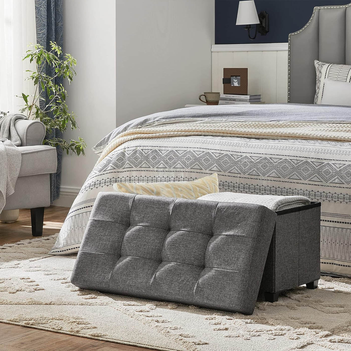 Storage Ottoman - Padded Fabric - Dark Grey - Foldable with Solid Wood Feet