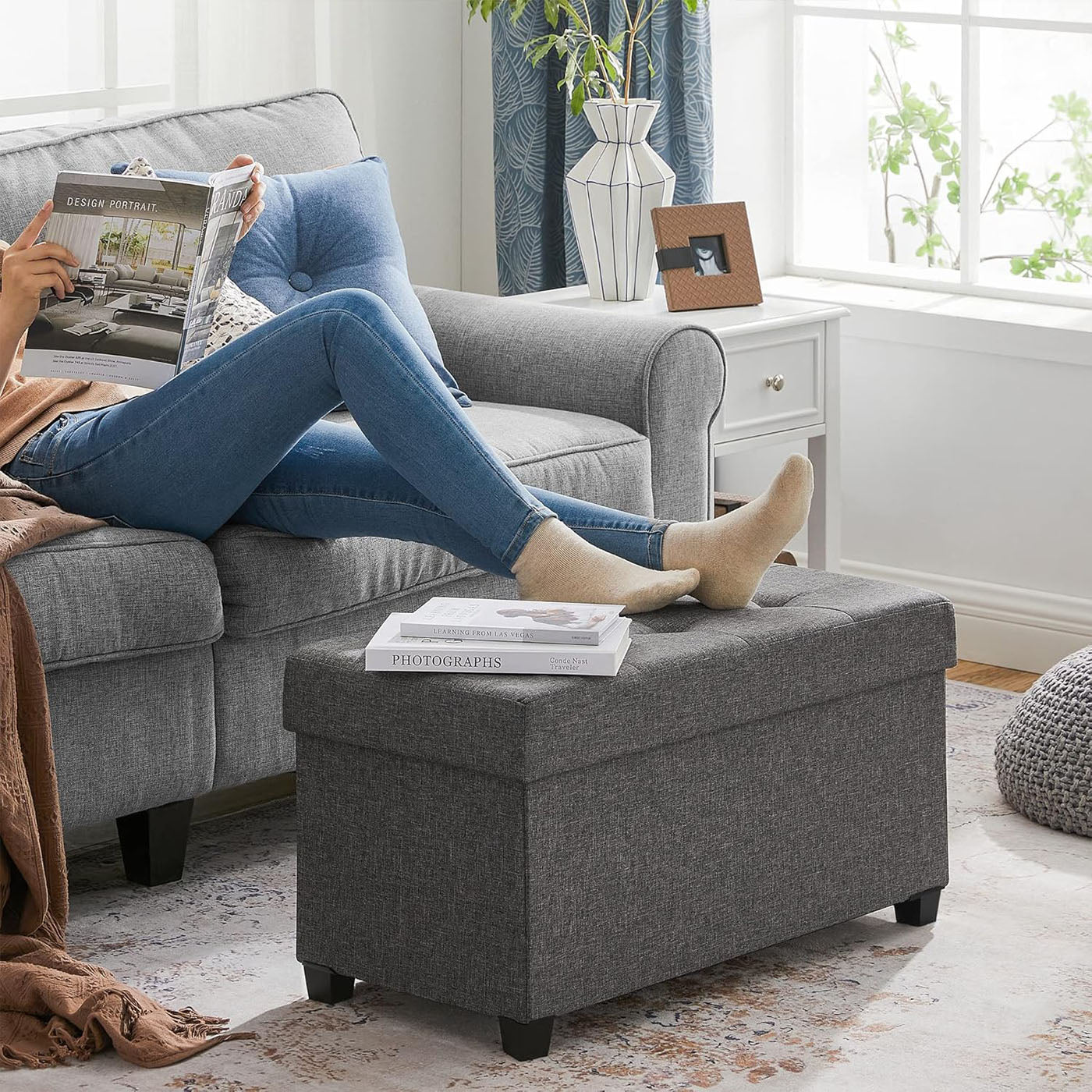 Storage Ottoman - Padded Fabric - Dark Grey - Foldable with Solid Wood Feet