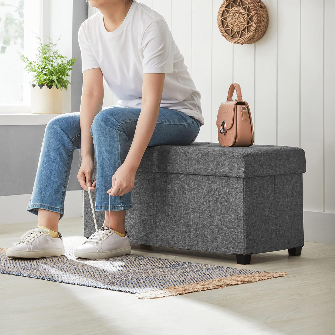 Storage Ottoman - Padded Fabric - Dark Grey - Foldable with Solid Wood Feet