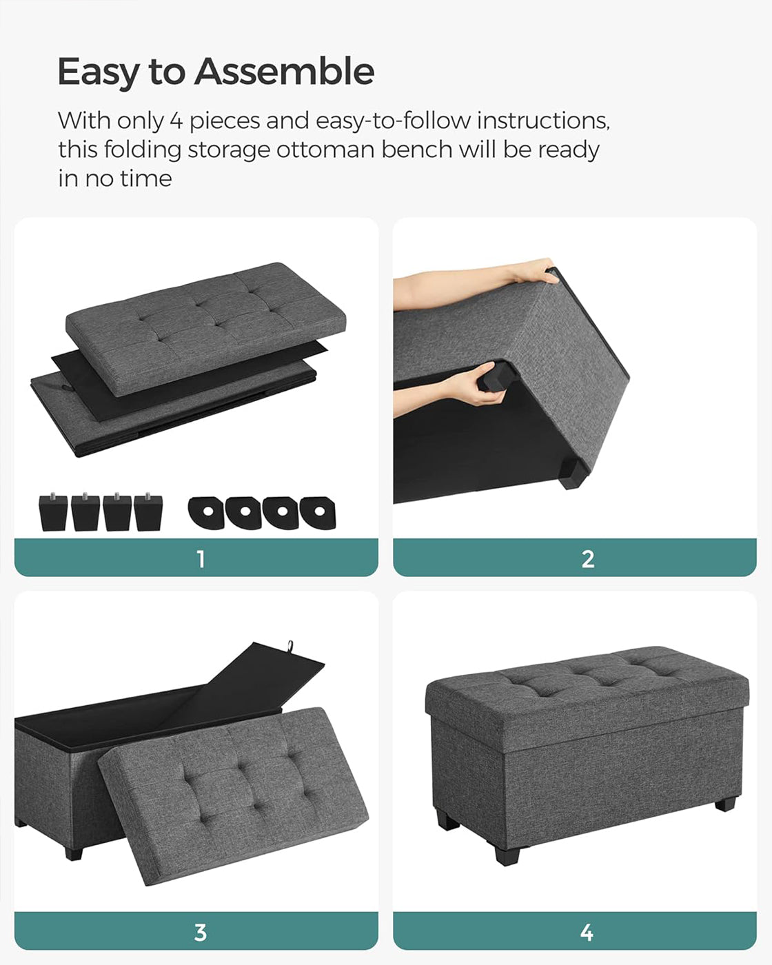 Storage Ottoman - Padded Fabric - Dark Grey - Foldable with Solid Wood Feet