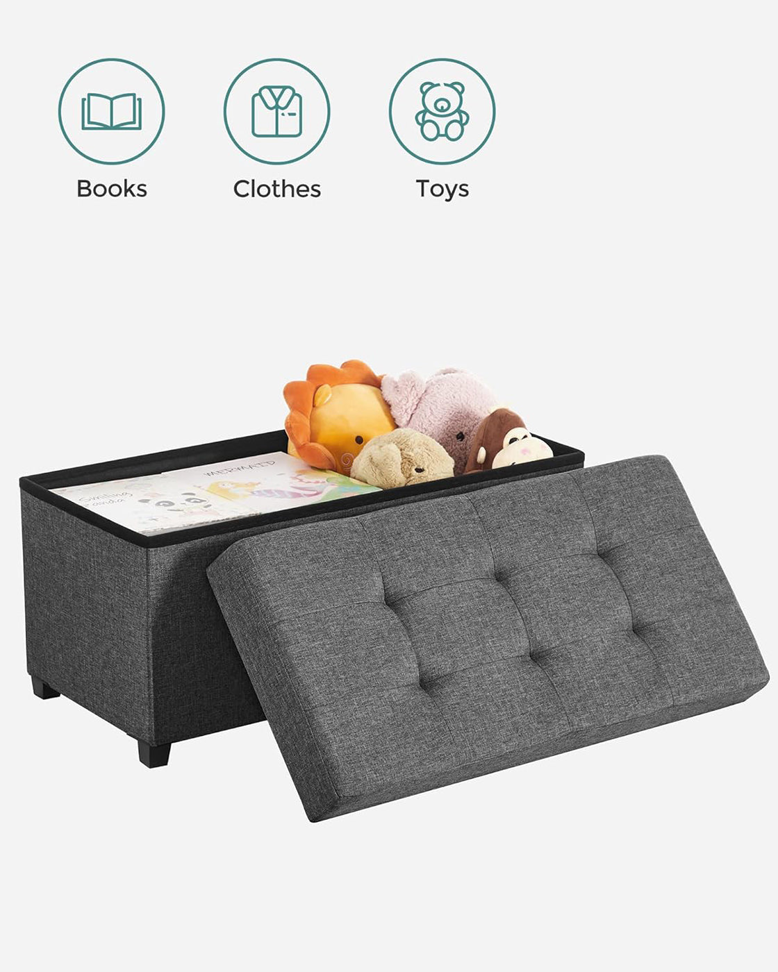 Storage Ottoman - Padded Fabric - Dark Grey - Foldable with Solid Wood Feet