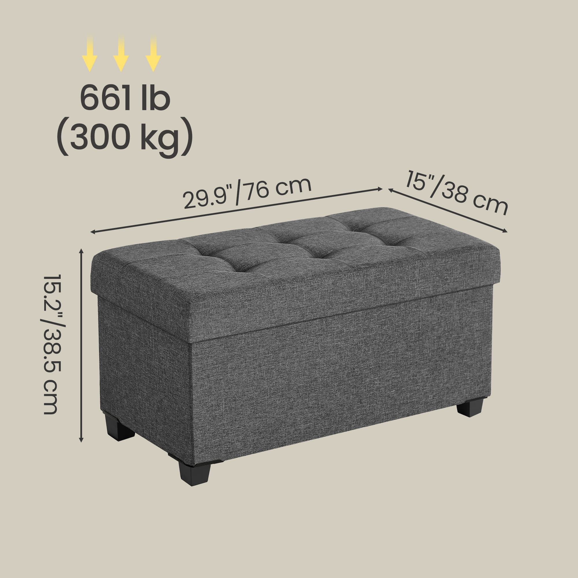 Storage Ottoman Bench - Fabric - Ink Black - Foldable with Storage