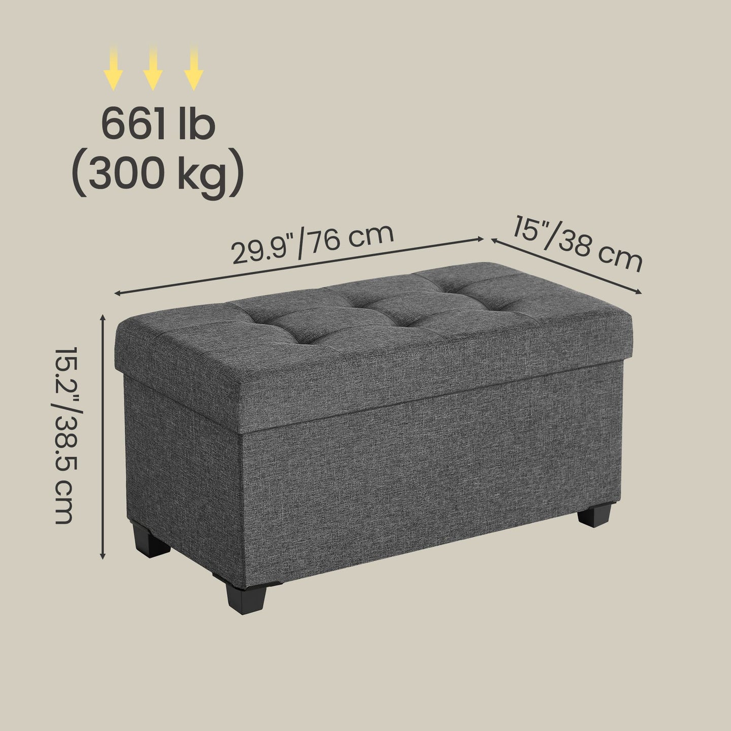 Storage Ottoman Bench - Fabric - Ink Black - Foldable with Storage
