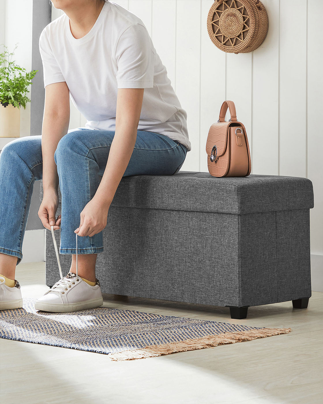 Foldable Storage Ottoman Bench - Fabric - Dark Grey - Multi-functional with Ample Storage