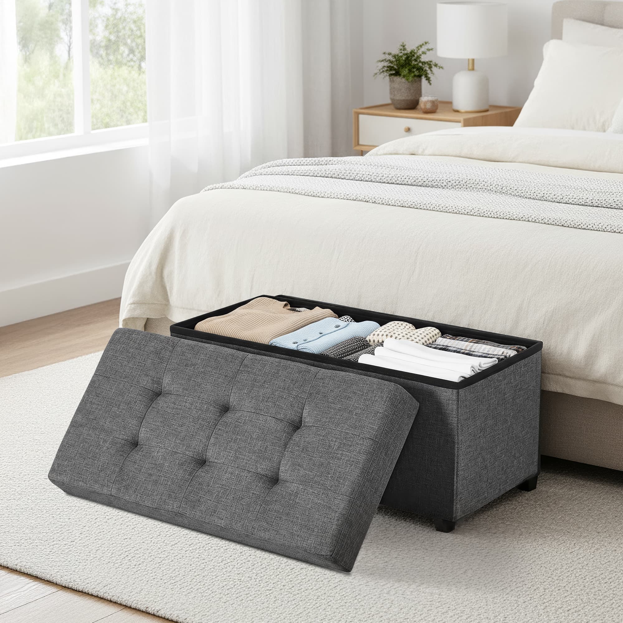 Storage Ottoman Bench - Fabric - Ink Black - Foldable with Storage