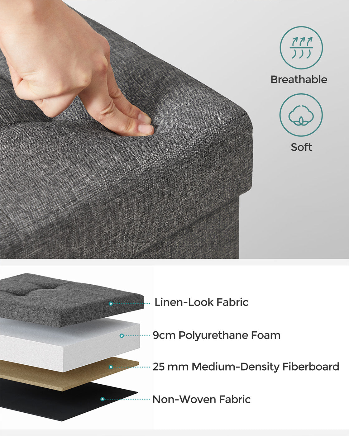 Foldable Storage Ottoman Bench - Fabric - Dark Grey - Multi-functional with Ample Storage