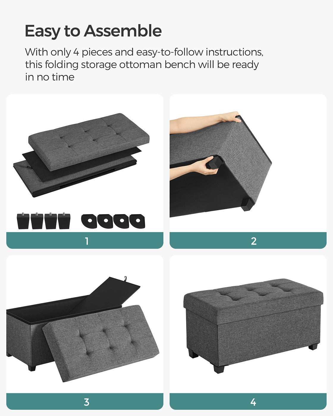 Foldable Storage Ottoman Bench - Fabric - Dark Grey - Multi-functional with Ample Storage