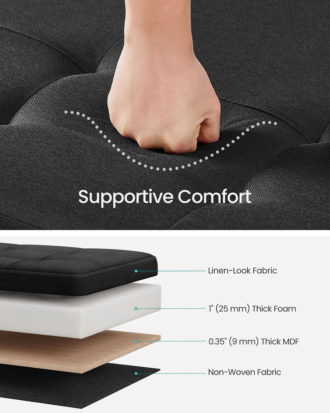 Storage Ottoman Bench - Fabric - Ink Black - Foldable with Legs and Storage