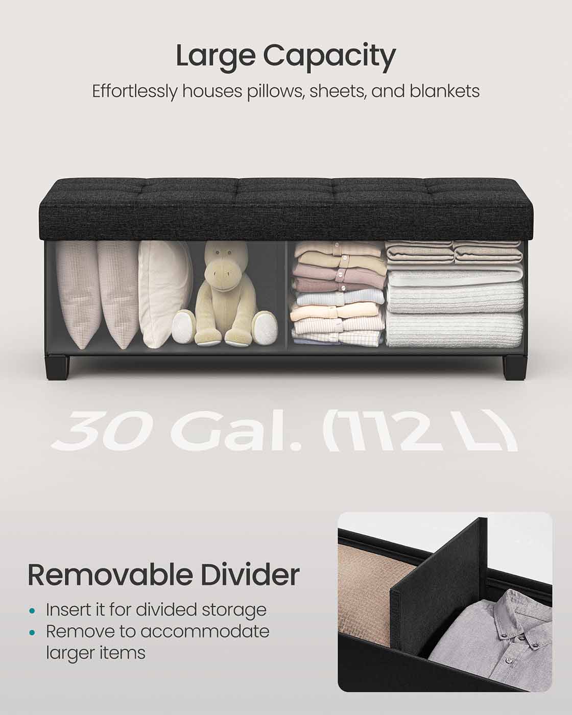 Storage Ottoman Bench - Fabric - Ink Black - Foldable with Legs and Storage