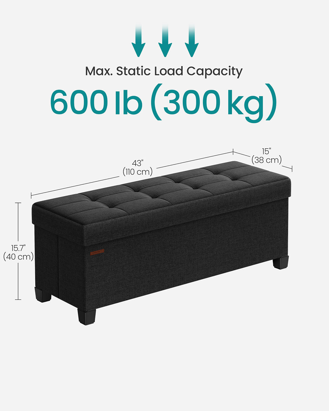 Storage Ottoman Bench - Fabric - Ink Black - Foldable with Legs and Storage