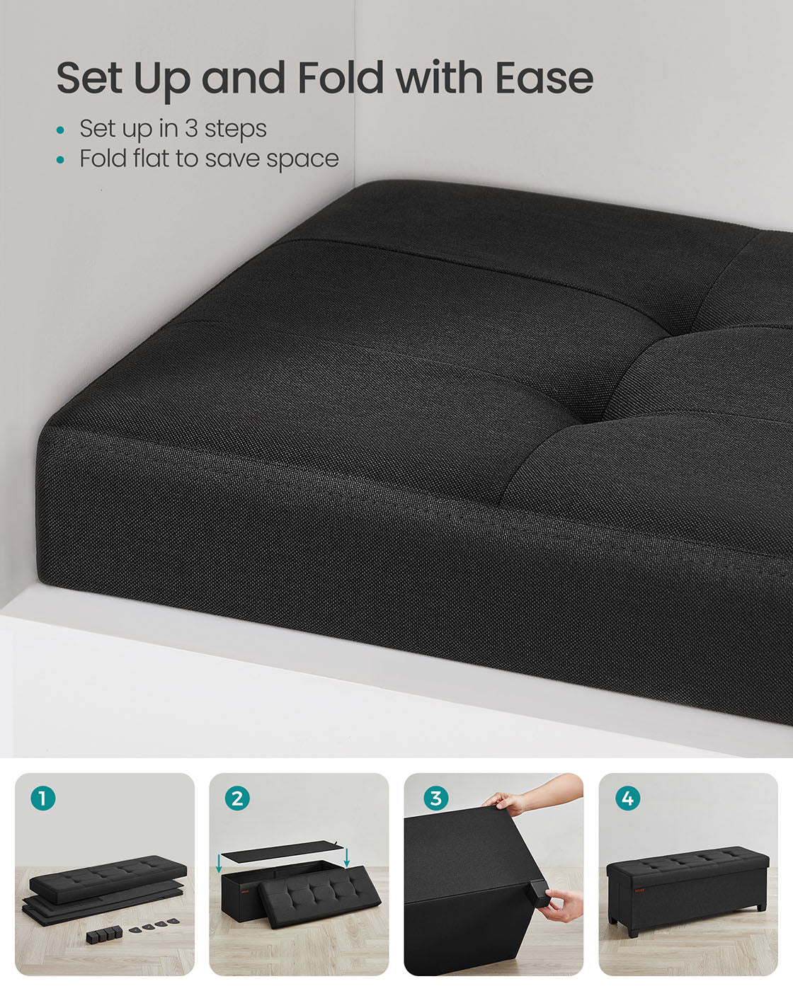 Storage Ottoman Bench - Fabric - Ink Black - Foldable with Legs and Storage