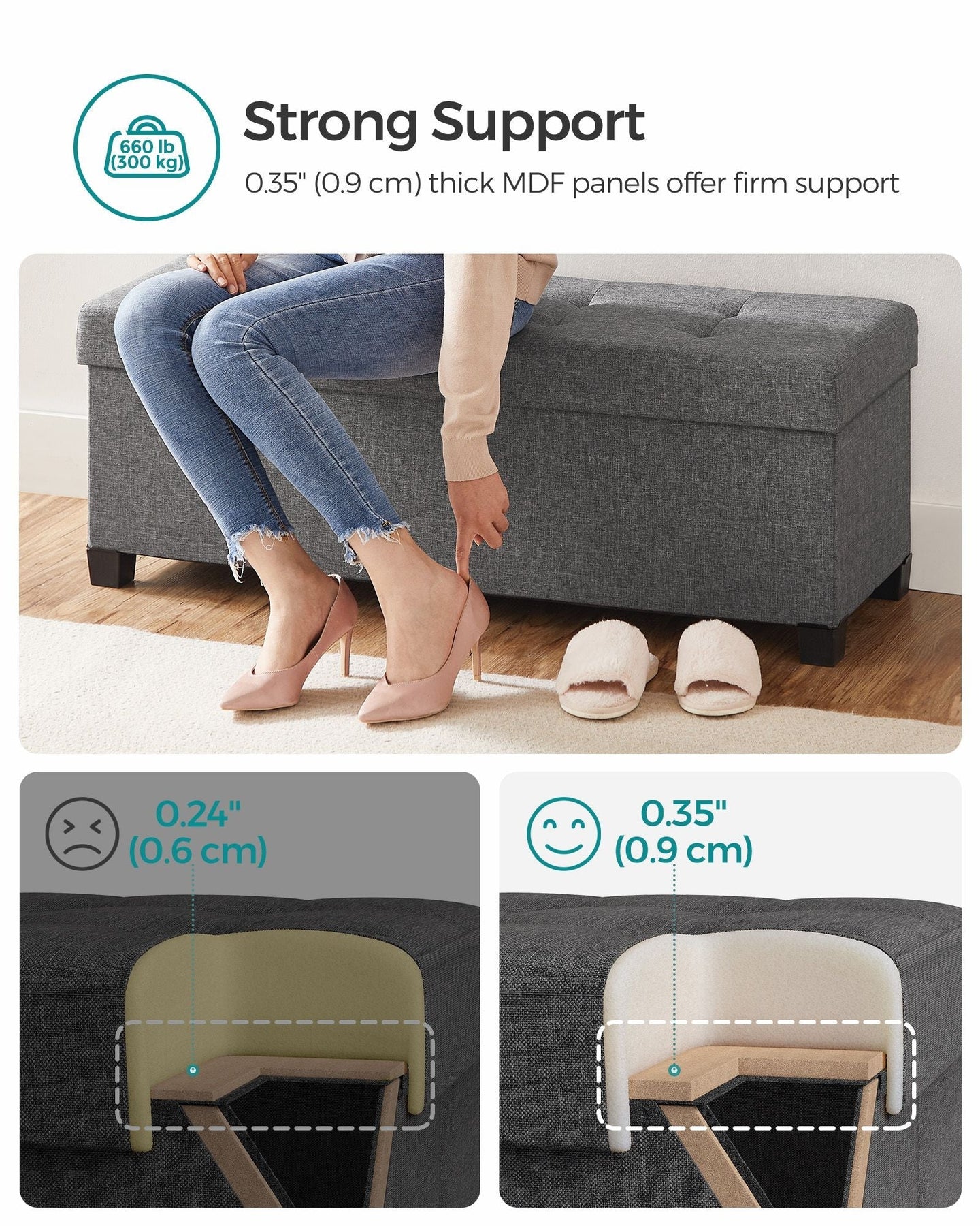 Foldable Storage Ottoman Bench - Fabric - Dark Grey - Versatile Footrest with Storage
