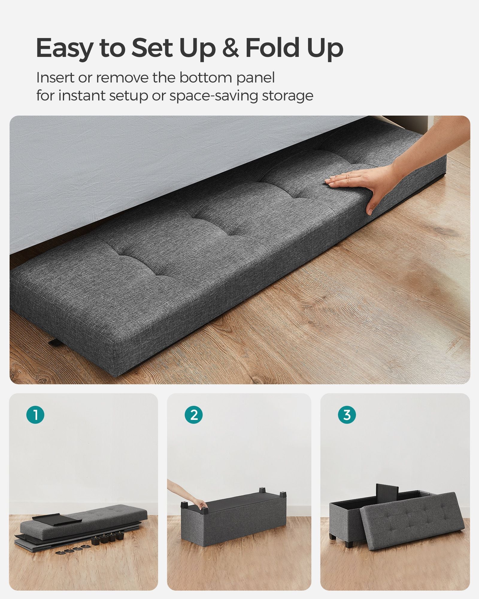 Foldable Storage Ottoman Bench - Fabric - Dark Grey - Versatile Footrest with Storage