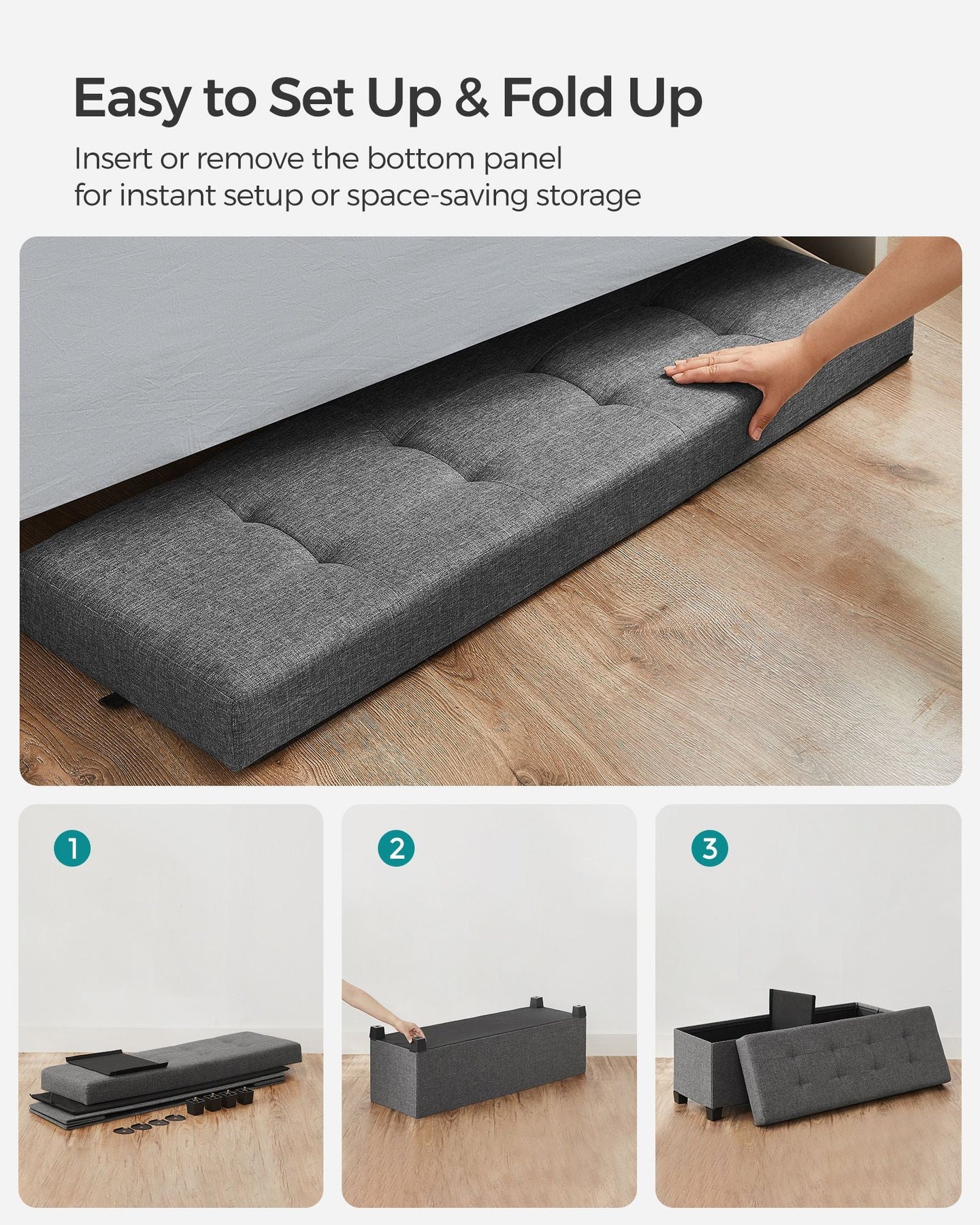 Foldable Storage Ottoman Bench - Fabric - Dark Grey - Versatile Footrest with Storage