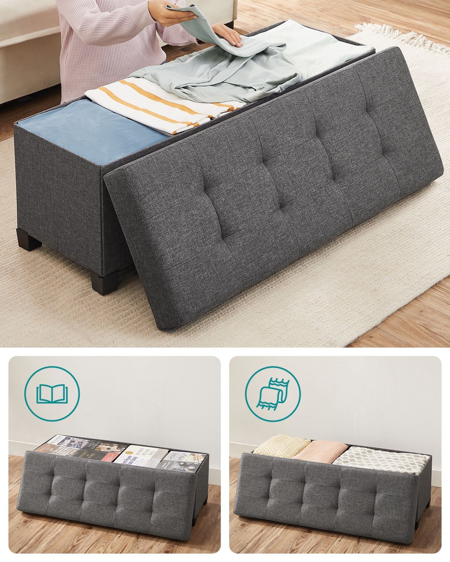 Foldable Storage Ottoman Bench - Fabric - Dark Grey - Versatile Footrest with Storage