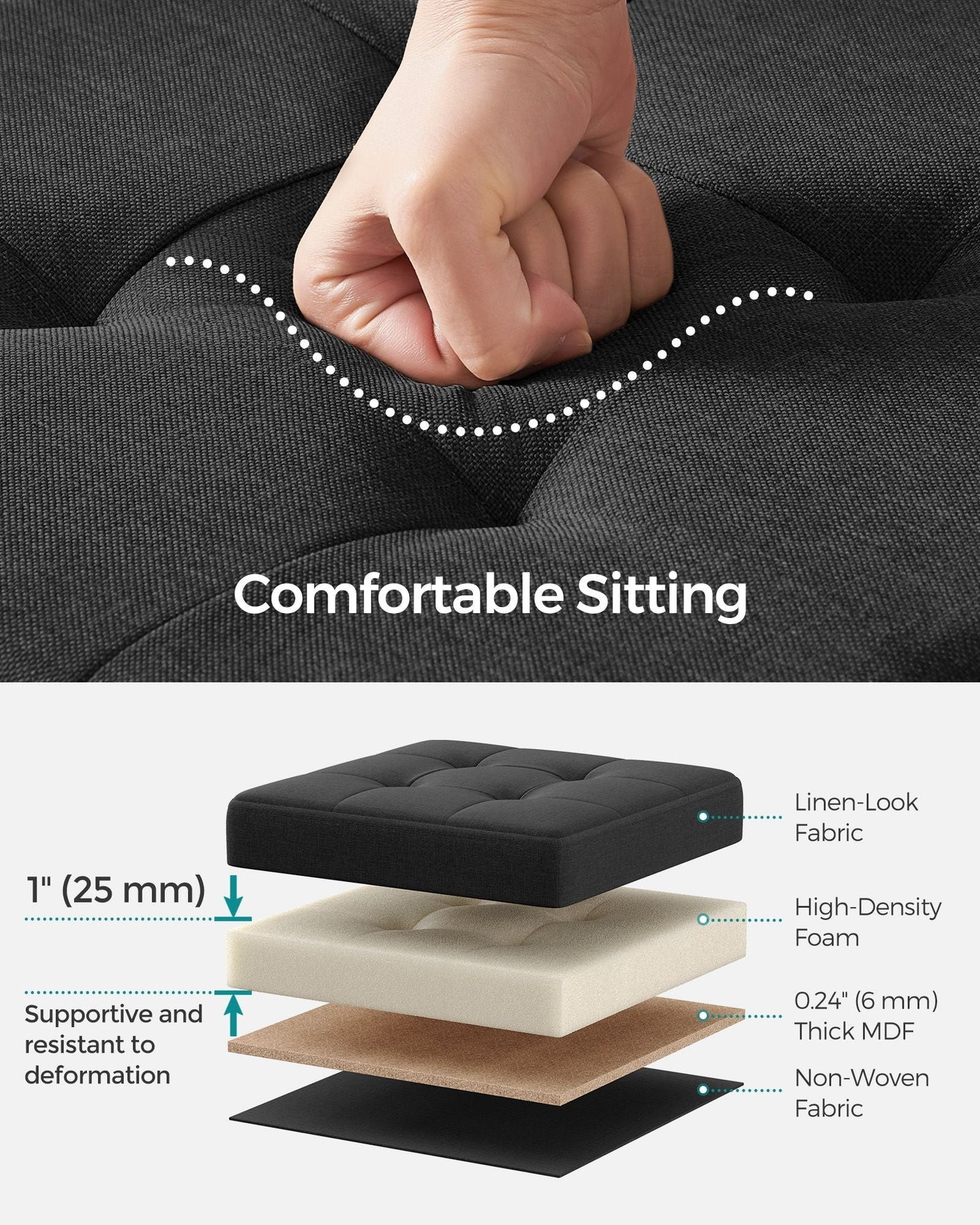 Foldable Storage Ottoman - Padded Fabric - Ink Black - 40L Capacity