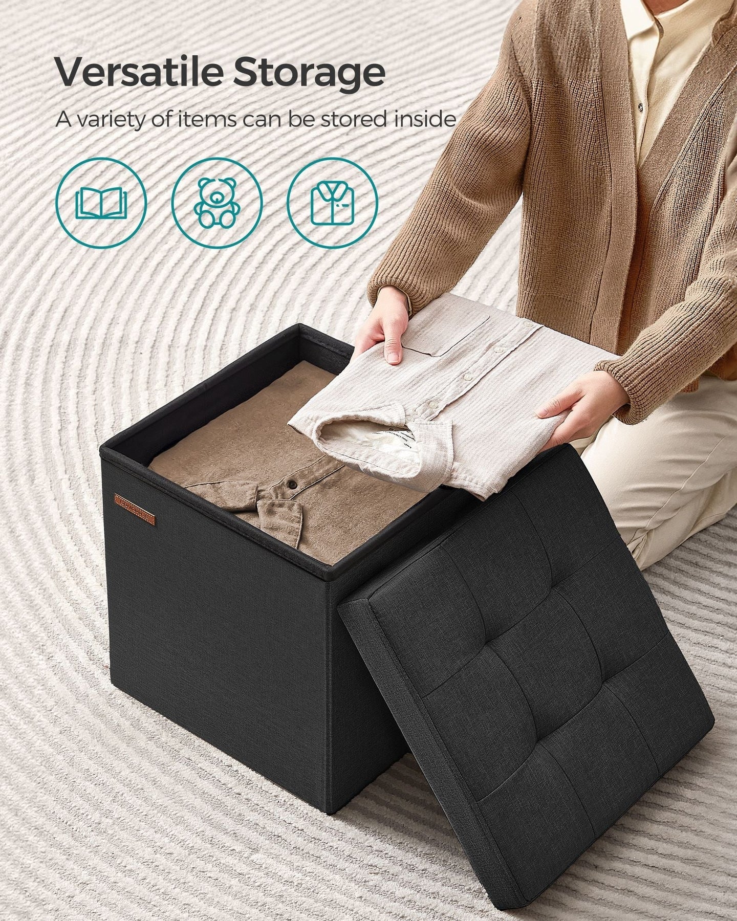 Foldable Storage Ottoman - Padded Fabric - Ink Black - 40L Capacity