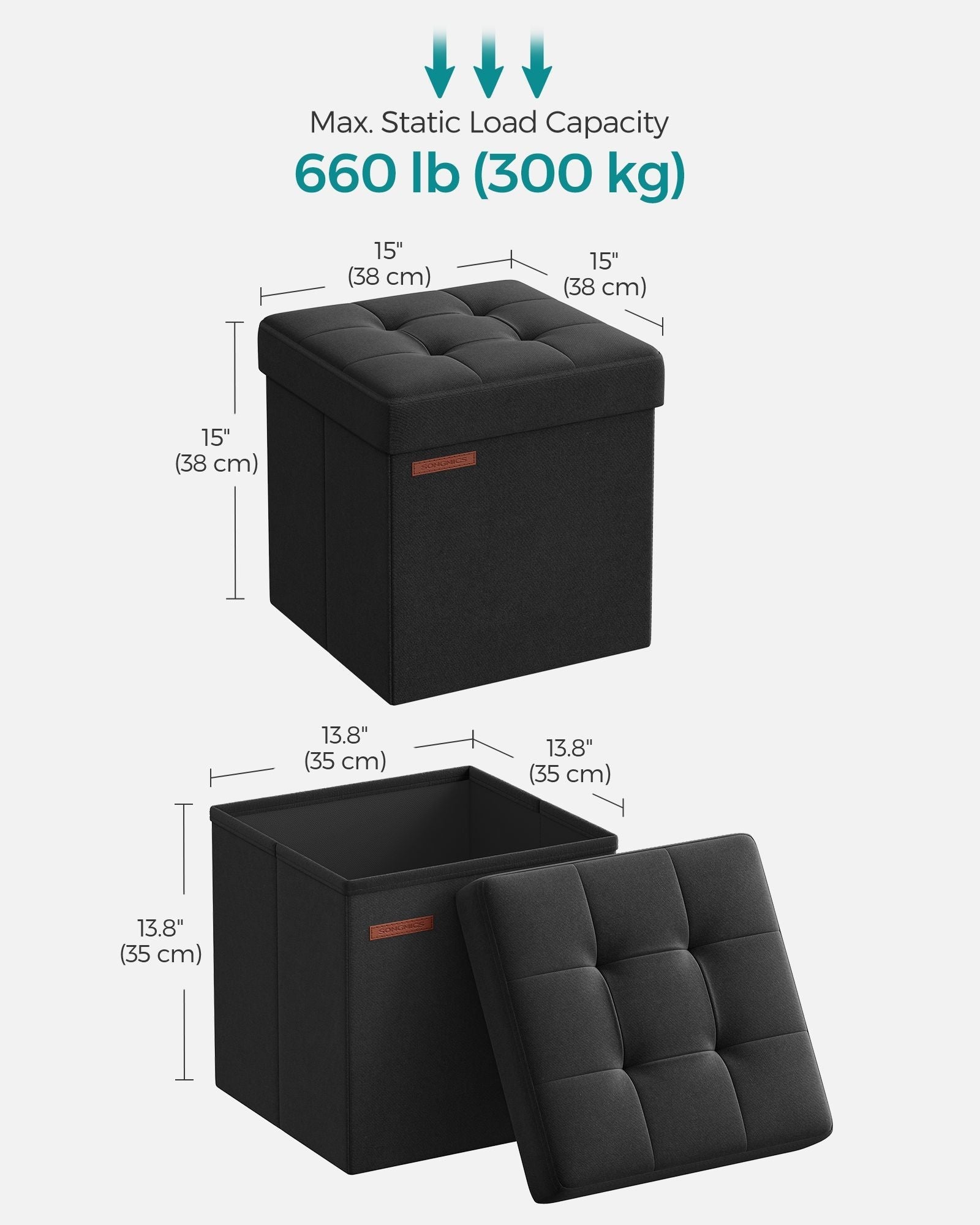 Foldable Storage Ottoman - Padded Fabric - Ink Black - 40L Capacity