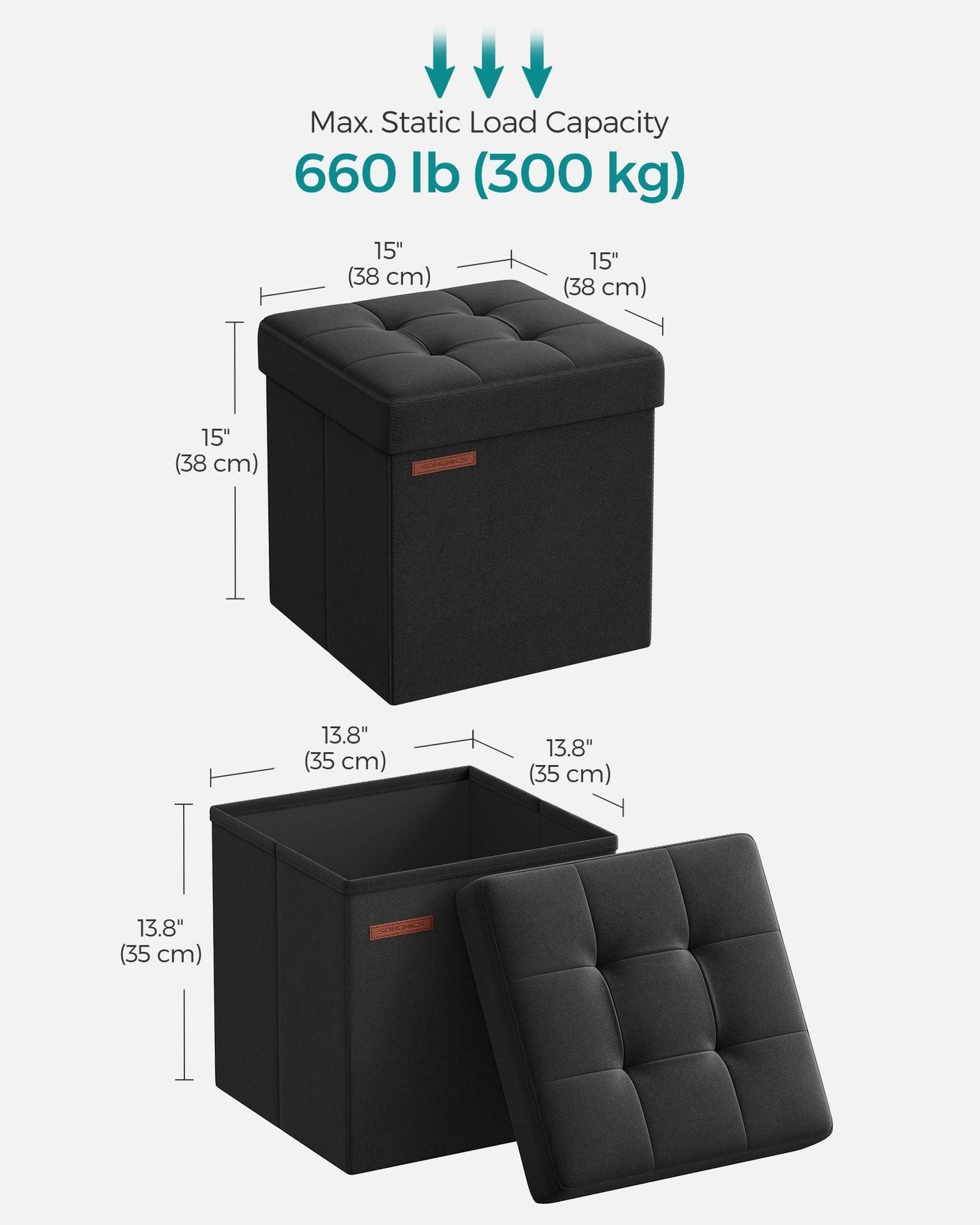 Foldable Storage Ottoman - Padded Fabric - Ink Black - 40L Capacity