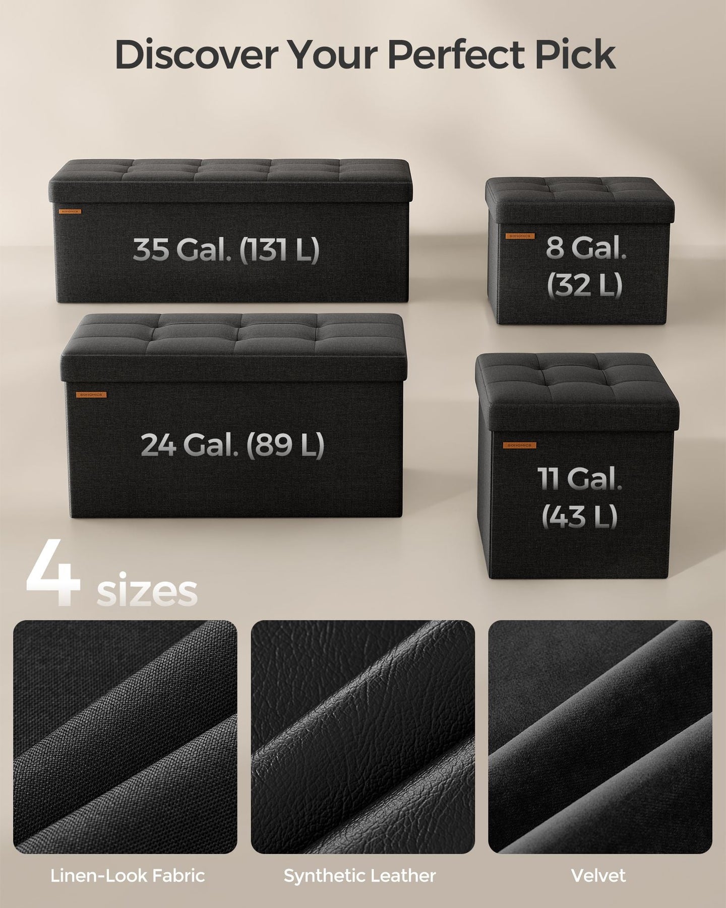 Foldable Storage Ottoman - Padded Fabric - Ink Black - 40L Capacity