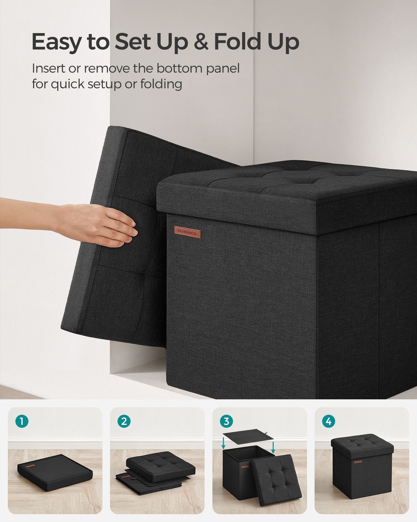 Foldable Storage Ottoman - Padded Fabric - Ink Black - 40L Capacity