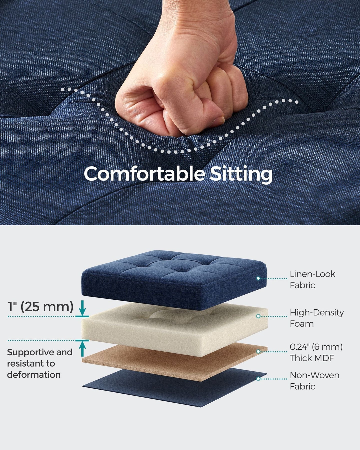 Foldable Storage Ottoman - 40L Capacity - Padded Fabric - Midnight Blue