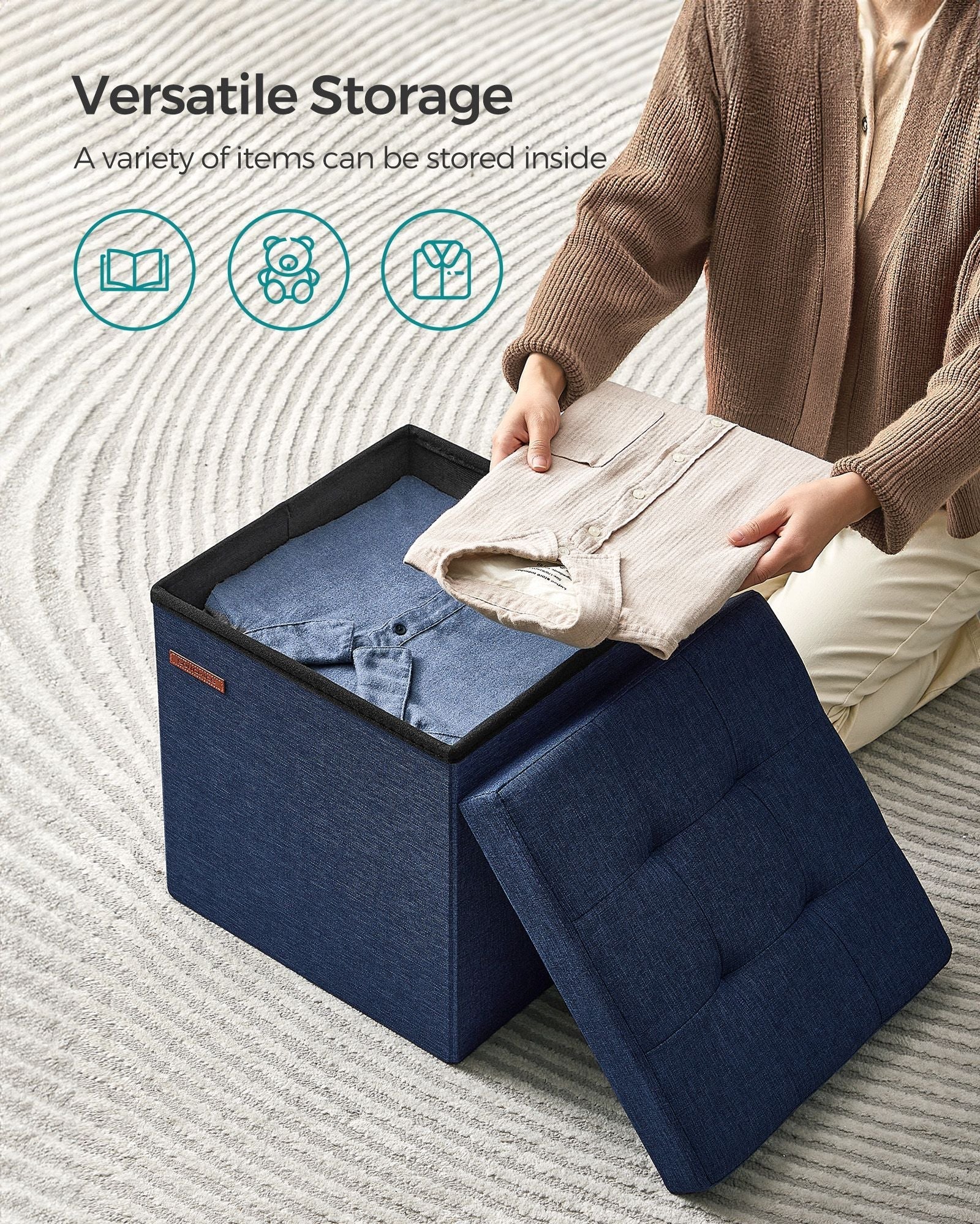 Foldable Storage Ottoman - 40L Capacity - Padded Fabric - Midnight Blue