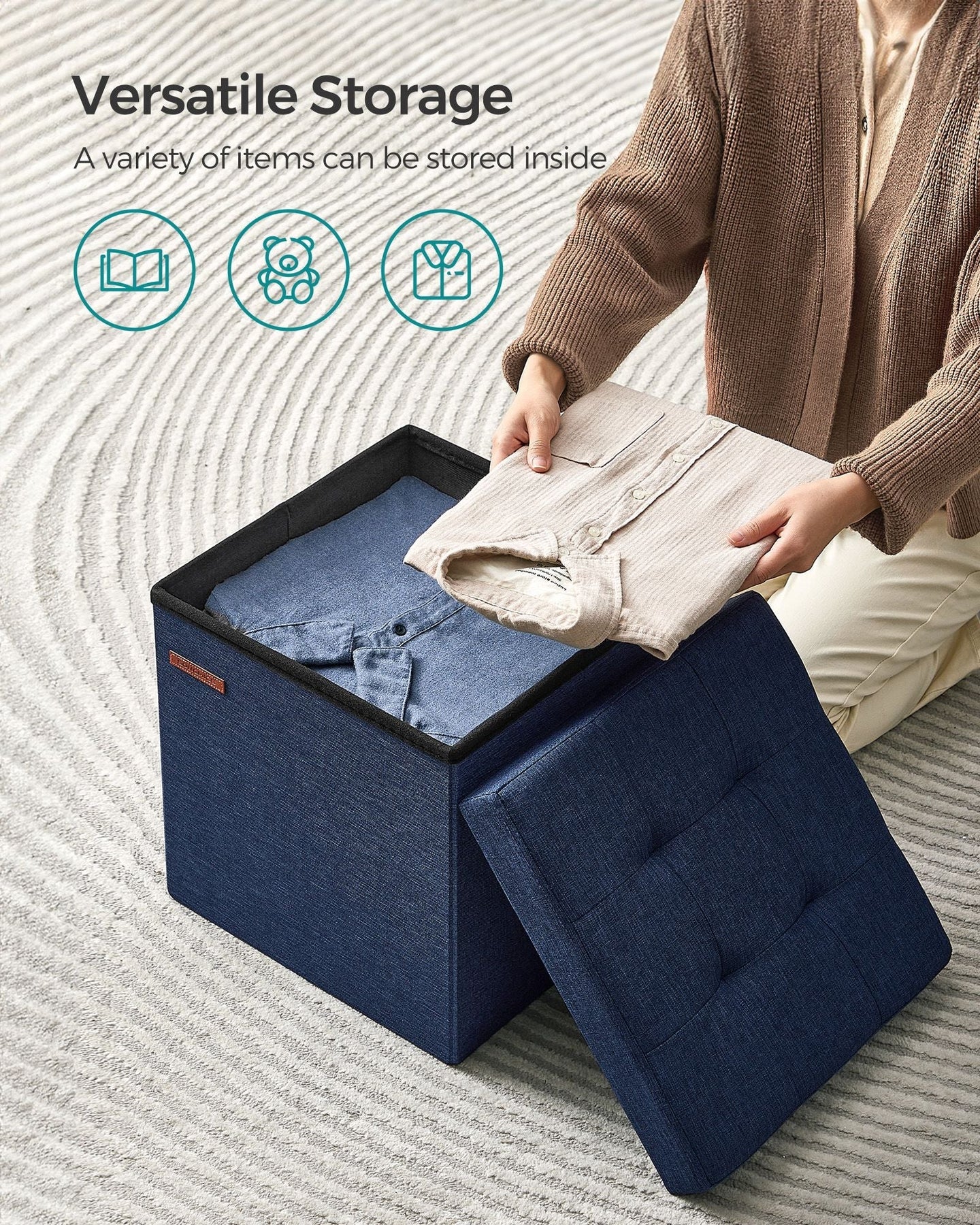Foldable Storage Ottoman - 40L Capacity - Padded Fabric - Midnight Blue