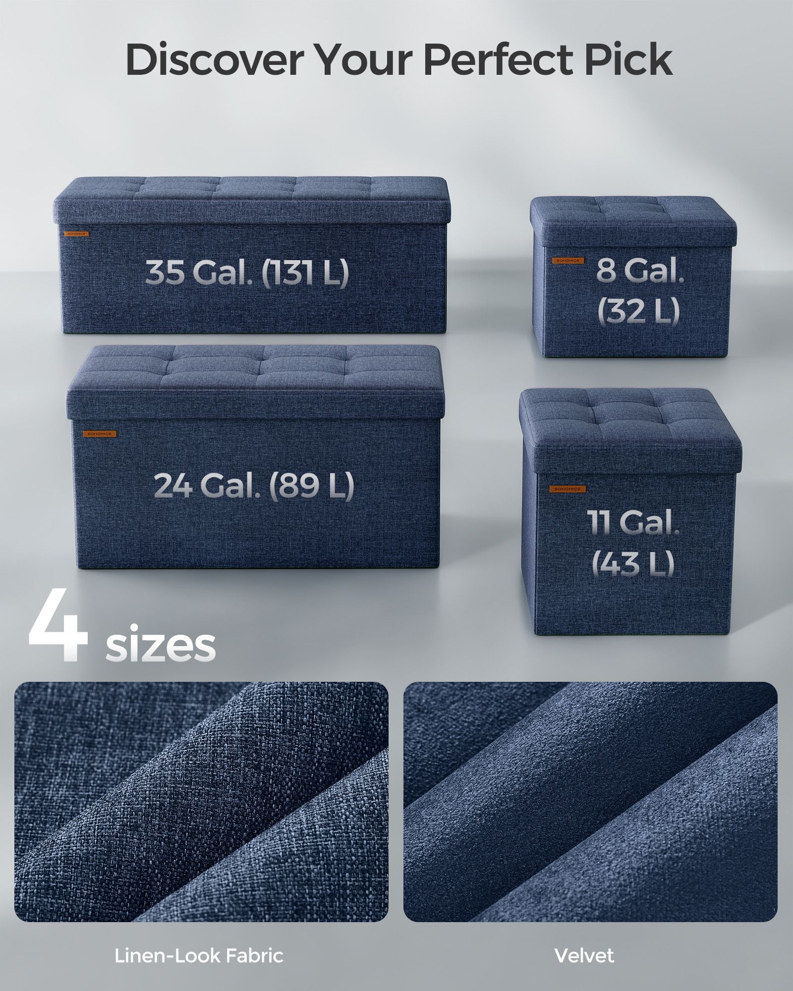 Foldable Storage Ottoman - 40L Capacity - Padded Fabric - Midnight Blue