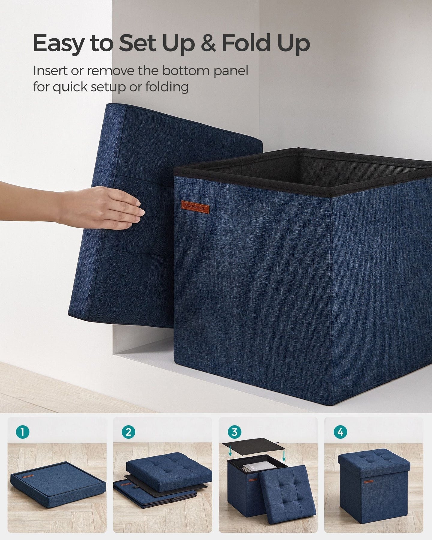 Foldable Storage Ottoman - 40L Capacity - Padded Fabric - Midnight Blue