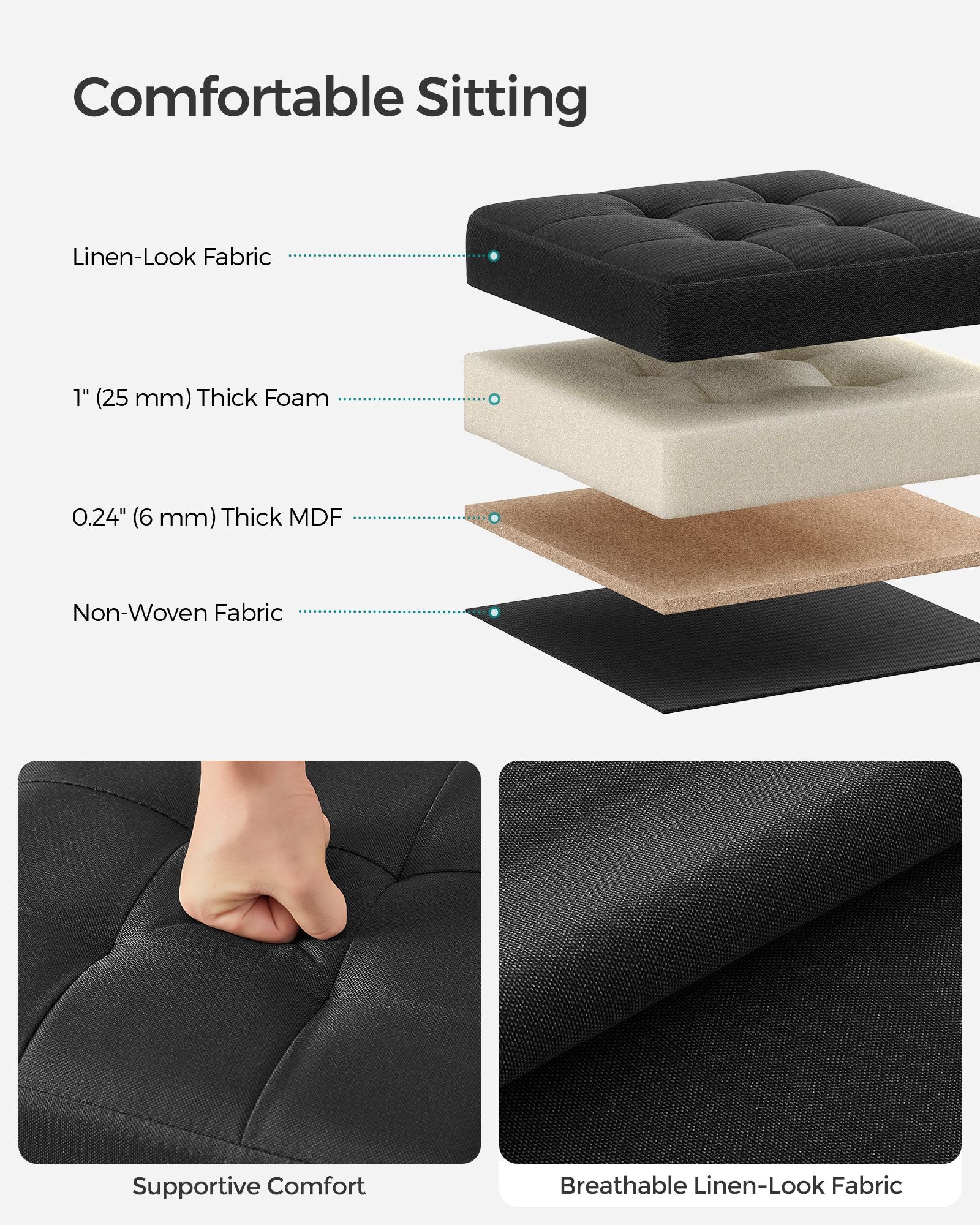 Foldable Storage Ottoman - Fabric - Ink Black - Versatile Use as Bench