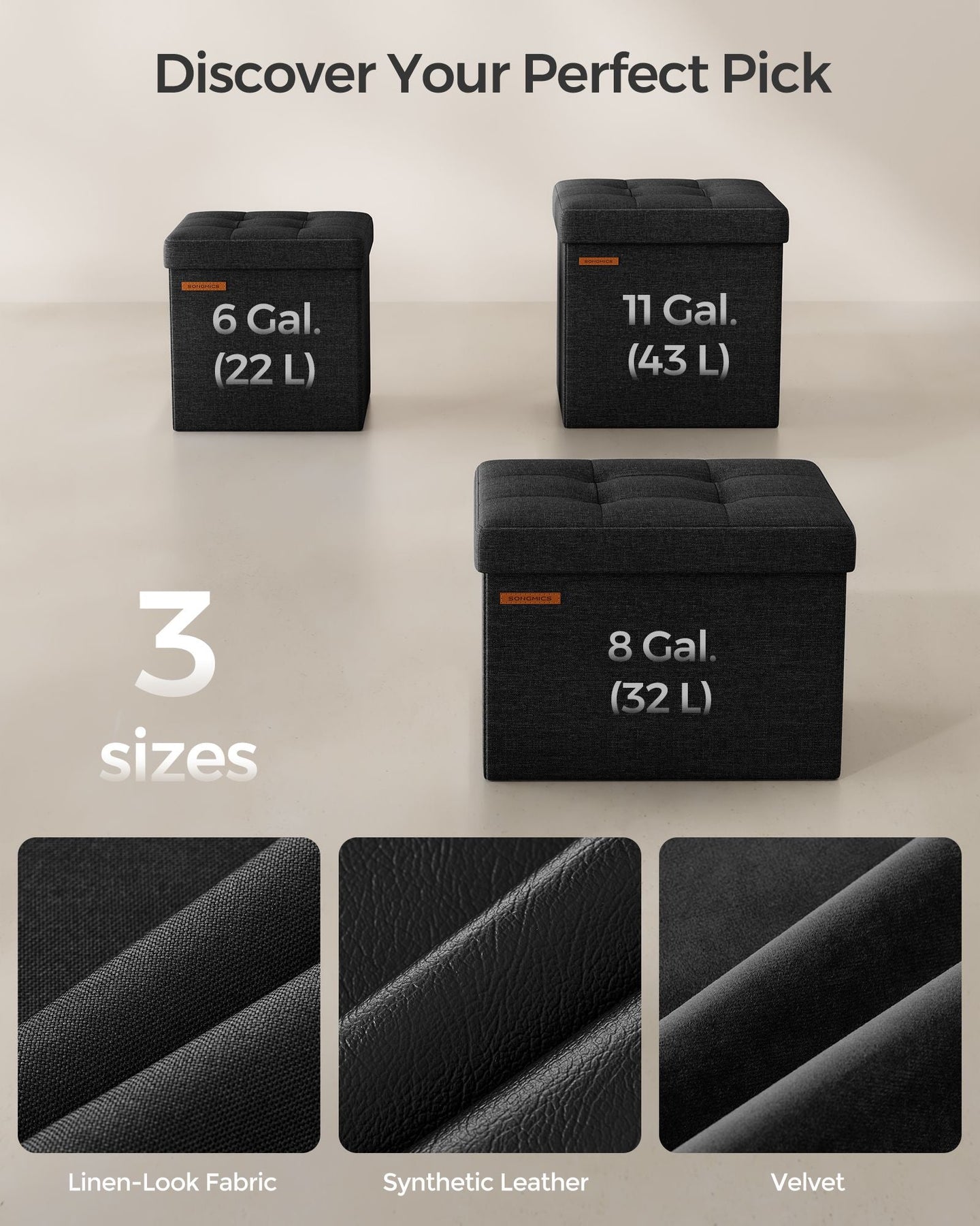 Foldable Storage Ottoman - Fabric - Ink Black - Versatile Use as Bench