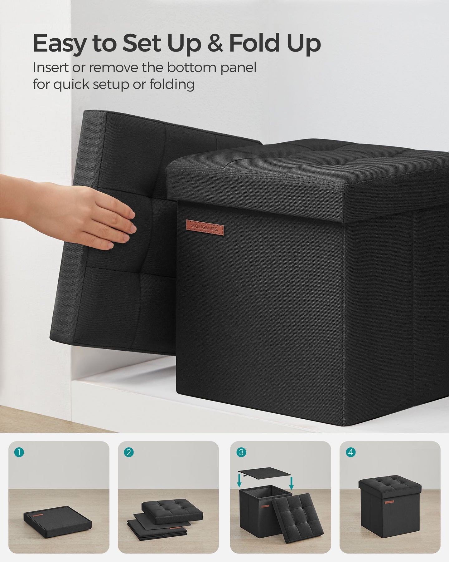 Foldable Storage Ottoman - Fabric - Ink Black - Versatile Use as Bench