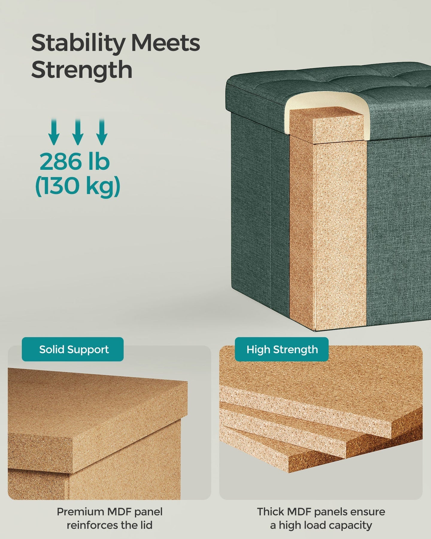 Storage Ottoman - Fabric - Retro Green - Foldable Design